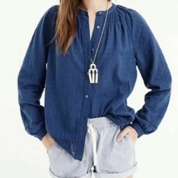 Point Sur Women's Peasant Top -Navy Blue Window Pane Lace Detail Size XS - Picture 1 of 12